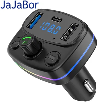 JaJaBor FM Трансмитер Цветна Светлина BT Авто MP3 плеър Type C Dual USB Зарядно за Кола Мощност Bluetooth Хендсфри Комплект за Кола