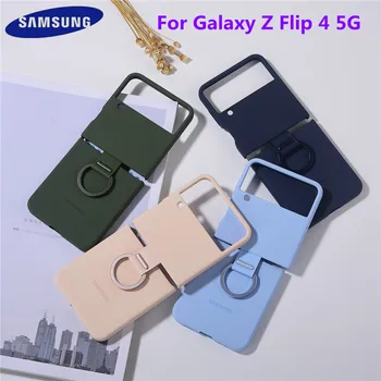 Оригинален течен силиконов калъф за Samsung Galaxy Z Flip 4 Flip4, копринено мека на допир задна защитна капачка с о-пръстен за палеца и скоростна