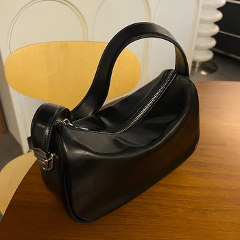 Черна Модни проста женска чанта за подмишниците от естествена кожа \ Чанта от естествена кожа, дамски чанти-тоут, чанта на рамото, възглавница BagNew