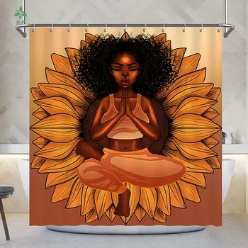Афроамериканка Молящийся Жест на Слънчогледа Фон Водоустойчива душ Завеса за душ Декорация на Баня