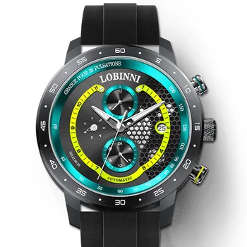 Швейцарски механичен мъжки часовник луксозна марка LOBINNI, син сапфир многофункционален скелет, светлинен водоустойчив L16063