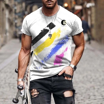 Контрастните цветове, мъжка лятна риза с 3D принтом, уличен всекидневен стил, безплатен модерен топ с голям размер с къс ръкав, новост