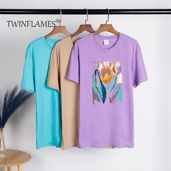 TWINFLAMES Памучен Тениска от 100% памук, Женска Тениска с графичен цветен принтом за Момичета, Тениски Оверсайз Y2k с Къс Ръкав, Дамски Дрехи, Топ