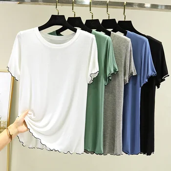 Висококачествена и Еластична Модальная тениска, дамски блузи 2023, лятна тениска ярки цветове, с къс ръкав, дамски градинска ежедневни тениска
