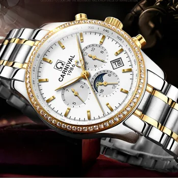 Модни златни автоматични часовници марка CARNIVAL, мъжки луксозни водоустойчив светещи бизнес механични ръчни часовници 2023 Relogio Masculino