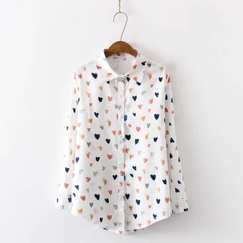Риза в Корейски Стил, Блуза, Дамска Мода, Корейски Разпечатки във формата на Сърце С Дълъг Ръкав, Ежедневни Свободна Градинска Блуза Camisas De Mujer