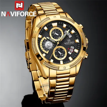 NAVIFORCE Мъжки Спортни часовници, мъжки часовници Най-добрата марка на луксозни Военен хронограф Черното Злато Кварцов мъжки часовник от неръждаема Стомана 8021