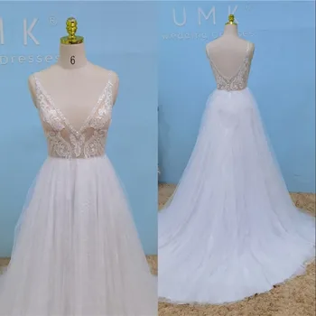 UMK Луксозни апликации, beading, трапециевидное сватбена рокля дантела в стил бохо, секси V-образно деколте 