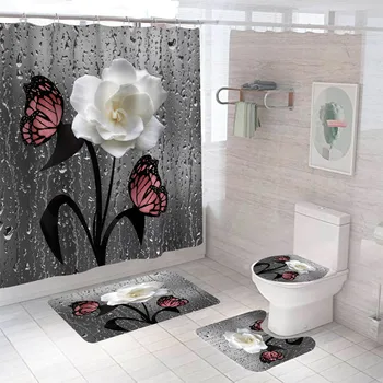 Комплекти завеса за душ с рози и пеперуди, постелки с подови изтривалки на разположение, Декор за баня с цъфтящи цветя, постелки и комплекти за баня и постелки с куки, Капак за седалката на тоалетната чиния