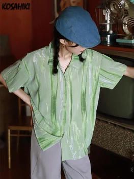 Эстетичная блуза Y2k, дамски летни блузи с къс ръкав и винтажным принтом, тънки блузи в стил харадзюку, модни и ежедневни универсална градинска риза
