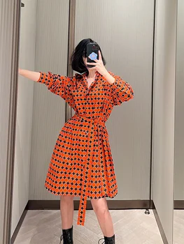 Висококачествена изискана френска пола Kikyo tea break, лека пола в стил royal сестри, на малка рокля-риза в оранжево грах, женски лятото