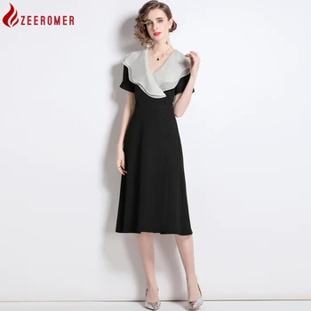 ZEEROMER 2023, френското елегантна лятна рокля midi, висококачествено женствена рокля трапецовидна форма с двойни накъдрен, V-образно деколте, с пищните ръкави, дантела