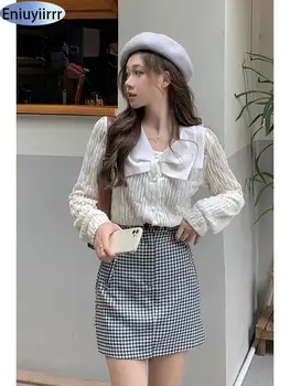 Новата есенна реколта версия Глоба плисирана тениски в корейски стил, дамска Риза с дълъг ръкав, дамски блузи, Елегантни блузи на копчета