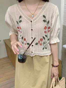 Korejepo Бродирана вязаный жилетка с качулка в бохемски стил, Нова лятна блуза с къси ръкави, вязаный на една кука выдолбленный топ, жена
