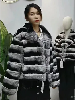 ръкав с ниски рамо от чинчила, яка-часова, палто от естествена вълна заек Рекс е къса дамски дрехи от естествена кожа, топла зима 2023 г.