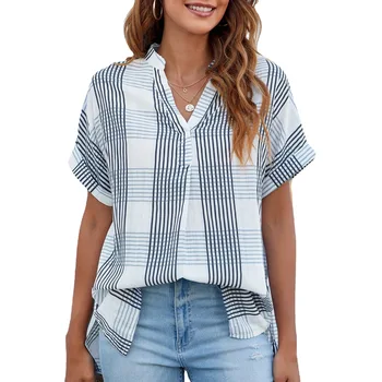 Лято 2023, най-новият дамски риза райе с V-образно деколте, къс ръкав, тънка свободна риза в клетката, лента за градинска женски дрехи
