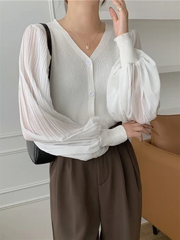 Пролетно шифоновая риза в бял цвят, блуза с ръкав-фенерче, офис дамски потници, облекло