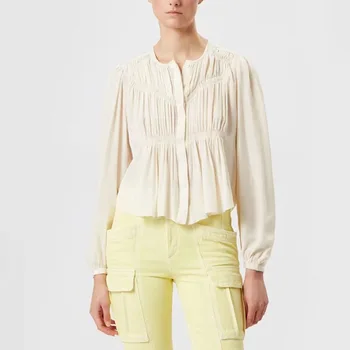 Дамски еластична плиссированная блуза с кръгло деколте, пролетно новост 2023, дамски проста однобортная риза с ръкави-фенерче, топ