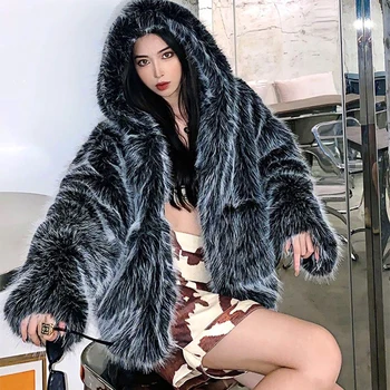 Ново дамско палто с качулка от изкуствена лисьего кожа, дамско зимно свободно меховое топло палто от кожа на агнешко месо, което къса яке за почивка