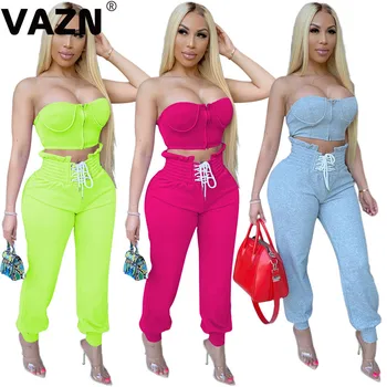 VAZN Елегантна секси 2020 годишен секси жена комплект от 3 цвята, 2 предмети, блузи без презрамки с цип, дълги панталони дантела, комплекти за хай стрийт
