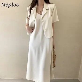 Neploe Корейски минималистичен темперамент, комплекти от две части, летен костюм, яка, яке с къс ръкав, V-образно деколте, свободно ежедневна рокля на подтяжках