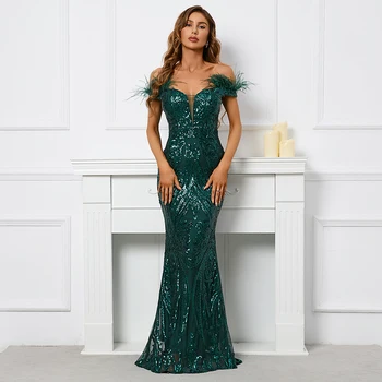 Partysix 2023 Ново женствена рокля на спагети презрамки с лодка деколте, секси вечерна рокля с V-образно деколте, рокля с пайети и пера, дълга рокля за бала