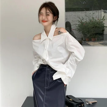 Бели ризи MEXZT Y2K, дамски градинска дрехи, секси блуза с деколте на бретелях и дълъг ръкав, корейски дамски Елегантни свободни блузи с открити рамене