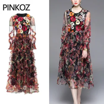 Дамско дизайнерско рокля Pinkoz с цветя аппликацией и кръгло деколте, дълъг ръкав, летни пролетни луксозни рокли за партита, мрежест халат midi в стил мозайка, za
