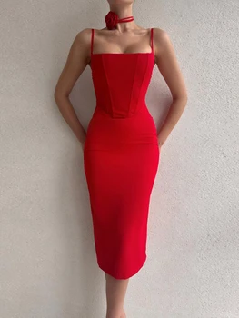 Елегантна рокля midi без ръкави, женско червено дебнещ рокля на спагети презрамки с отворен гръб, летен секси сарафан за парти по случай рожден Ден, клуб облекло 2023