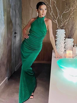Елегантна дебнещ зелено Макси рокля с отворен гръб за нощен клуб 2023, секси сватбени рокли с рюшами на бретелях, дълги рокли за партита