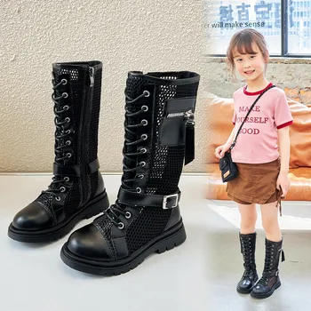 Високи Ботуши за момичета; Новост Лятото 2023 г.; Детска мода С Куха Катарама; Готина Сладка обувки на Принцесата За Подиум в Британския Стил; Дишаща детска