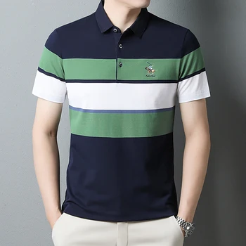MLSHP Летни мъжки ризи топка за голф от луксозен памук с къс ръкав, бизнес и ежедневни мъжки тениски в ивица с бродерия, размер 3XL
