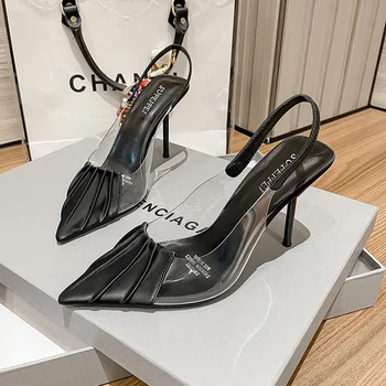Дамски сандали, дамски обувки на висок ток, лято 2023, нова модни дамски обувки от PVC с остри пръсти, елегантни обувки на висок ток