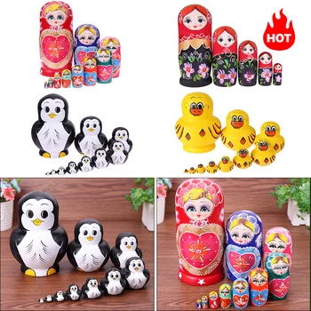 Дървени играчки-гнездене кукли с шарките на пингвин, руски гнездене кукли, ембриони 