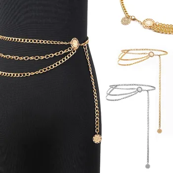 Ретро Ремъци-на веригата за жени, многослойни колани с дълга четка за рокля, колан-верига с кристали, верига за корема