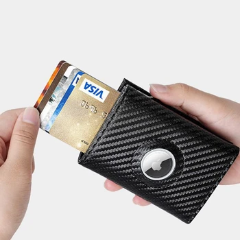 За Apple Airtag Mini Портфейла от въглеродни влакна, кожен Rfid-държач за кредитни ID-карти, портфейл с магнитна закопчалка, метална автоматично поп калъф за карти