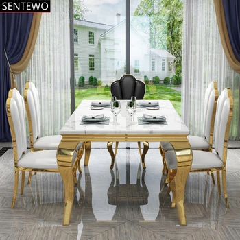 Популярният, Луксозен мраморен кухненски маса за хранене, комплект от 4 стола за хранене, Метални титановая златна рамка, мебели за дома mesa com 6 cadeiras