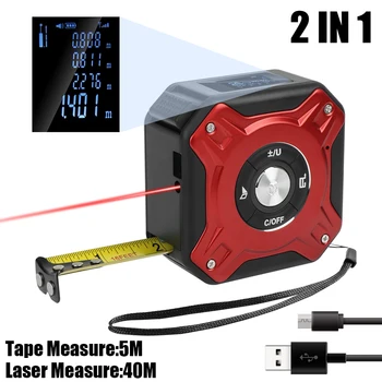 40-метров лазерен далекомер с подсветка LCD дисплей 2 в 1 Измервателен уред Далекомер 5-метрова рулетка USB Зареждане на преносими