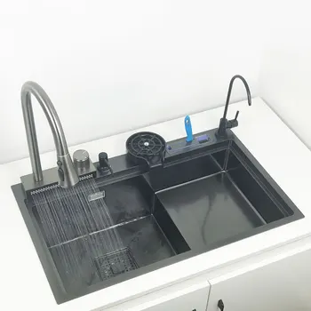 Висока и ниска кухненска мивка, водопадный кран, пистолет от неръждаема стомана 304, сив, топ планина, мивка с една чаша, водопадные мивки