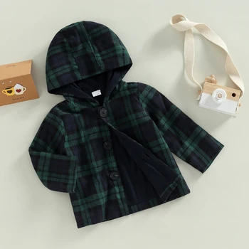 FOCUSNORM/ есен ежедневни яке за малки момчета от 0 до 3 години, връхни дрехи с клетчатым принтом, однобортные палто с качулка и дълъг ръкав