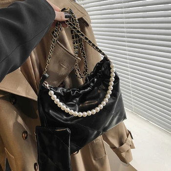 Луксозна дизайнерска дамска чанта с перлената на веригата, голяма простор висококачествена чанта-тоут от мека кожа, чанти през рамо с веригата, женски ретро портфейл
