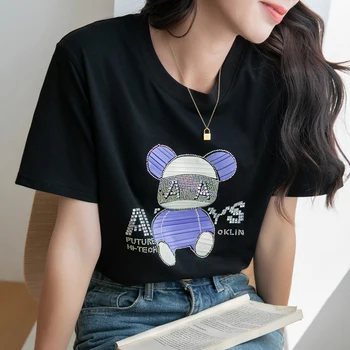 TuangBiang Лято 2023, Планински кристал, Мечка с букви, памучен дамски тениски с корейската бродерия, къси ръкави, мека риза, дамски черни върхове