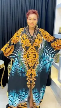 2023 Африкански Рокли за Жени, Лятно Африкански Дълга Рокля с V-образно деколте и Дълъг ръкав от Полиестер С Принтом, Дамски Африканска облекло Абая