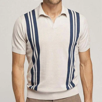 Мъжки трикотажни ризи на райета с V-образно деколте, потник с къс ръкав, тениска, пуловер, тениска