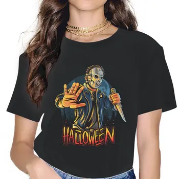 Мъж в маската за костюмированной парти за Хелоуин с нож, дамски дрехи, популярна тенденция тениска, кавайные реколта женски блузы