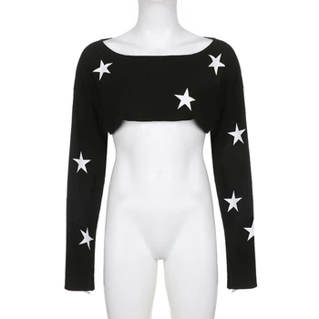 Жена пуловер с кръгло деколте и дълъг ръкав, съкратен топ тениска с изображение на звезда, негабаритная свободна градинска облекло за танци в стил хип-хоп, прикрывающая раменете