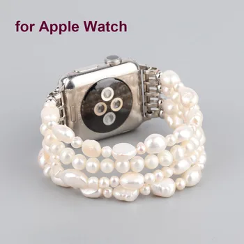 Гривна от Настоящето Перли за Apple Watch 8 Band, Естествен Бисерный Каишка за часовник iWatch 7 SE, Дамски Еластичен Взаимозаменяеми 41 мм 45 мм 44 мм
