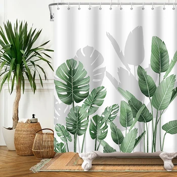 Завеси за душ с тропически листа, палмово листо, акварельное растение, завеса за баня, полиестерен плат, модерен минимализъм, куки за декора на банята