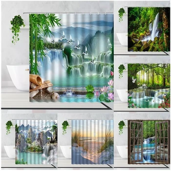 Бамбук завеса за душ Натурална красота Декорация на дома, Завеса за душ Баня Водоустойчива душ Завеса за душ с куки