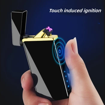 Метална градинска ветрозащитная плазмена USB-импулс беспламенная запалка с двойна дъга, led дисплей, електрическа запалка с докосване, мъжки подарък